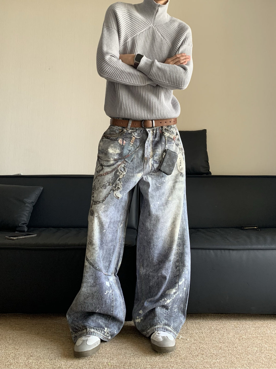 Distressed "Wasteland" Style Jeans with 3D Print and Chain Detail