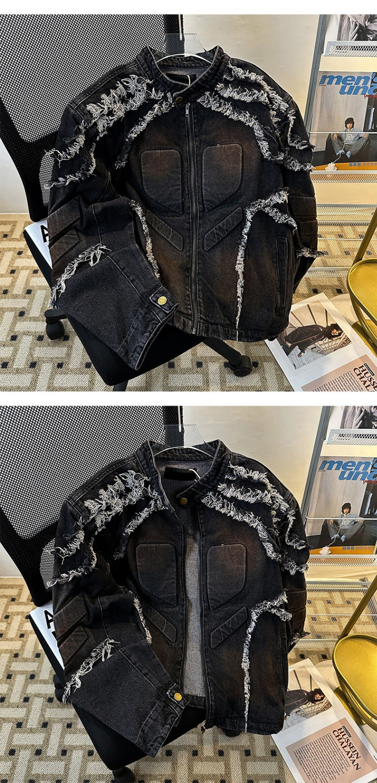 Embossed Raw-Hem Padded-Shoulder Denim Jacket