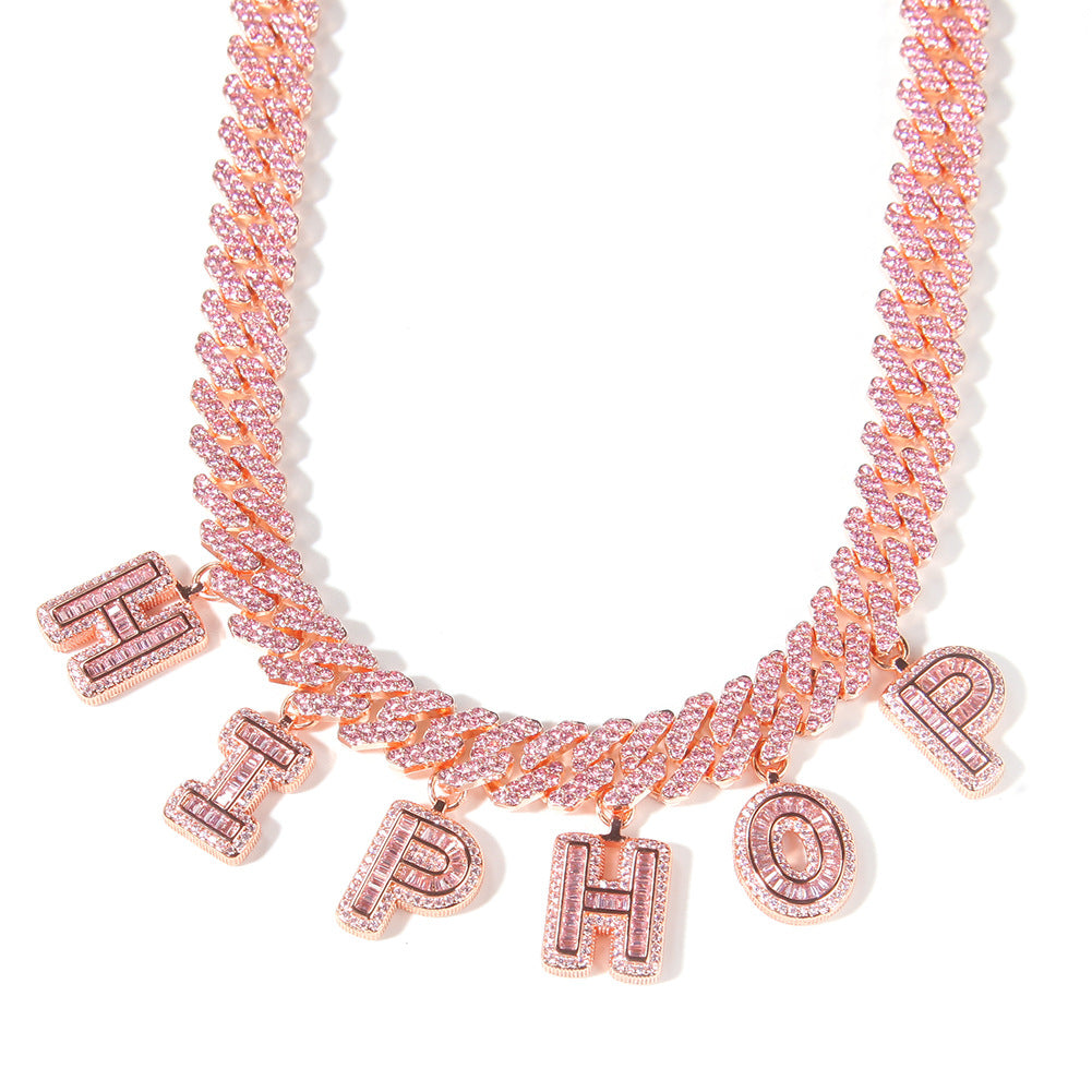 Pink diamond-set custom letter Cuban chain bracelet and necklace