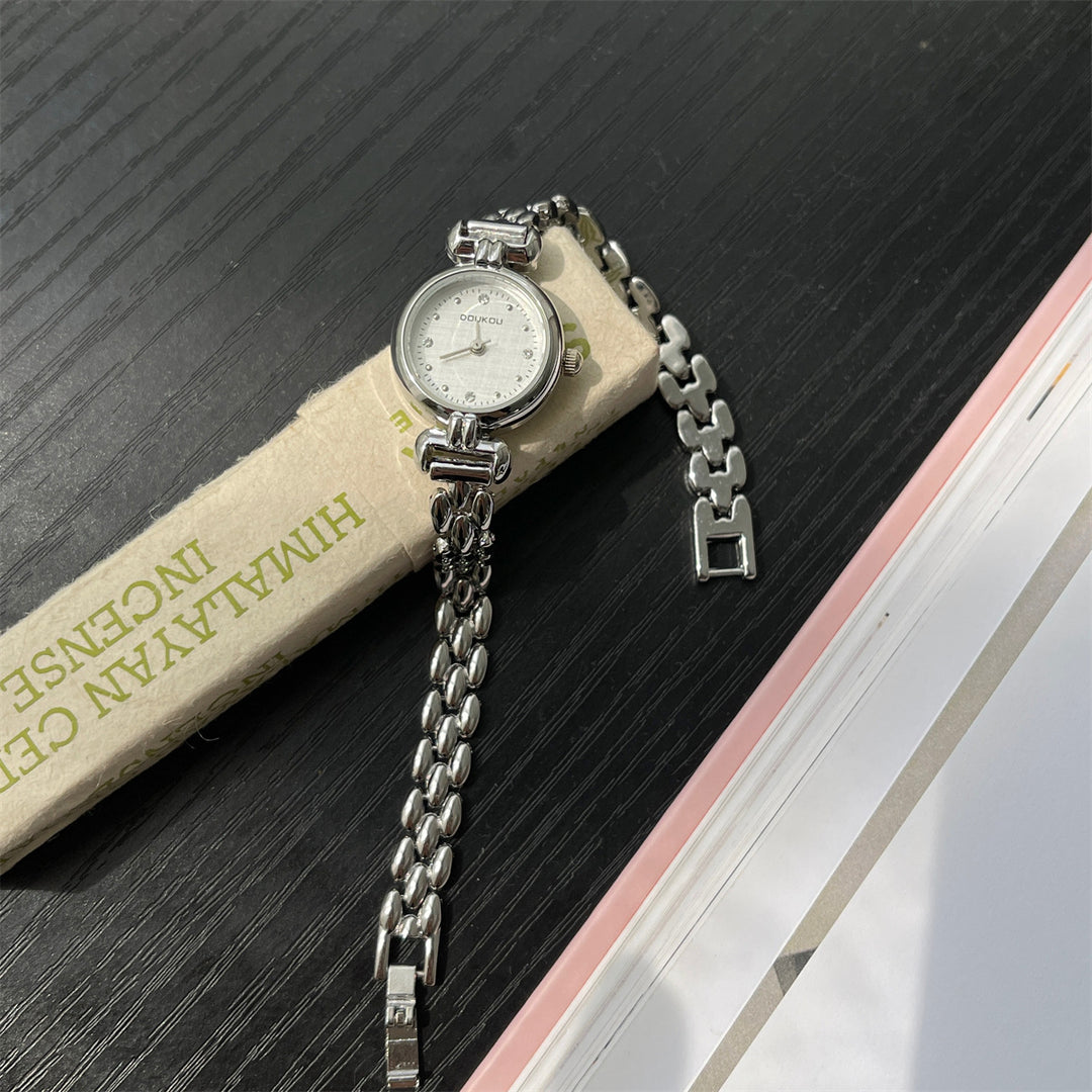 Round Dial Watch with Crystal Accents and Narrow Band