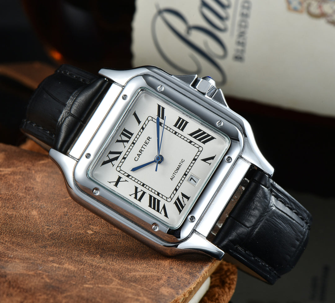 Leather Strap, Three-Hand Quartz Watch with Square Case