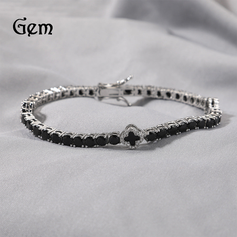 Silver Black Four-Leaf Clover Buckle Bracelet