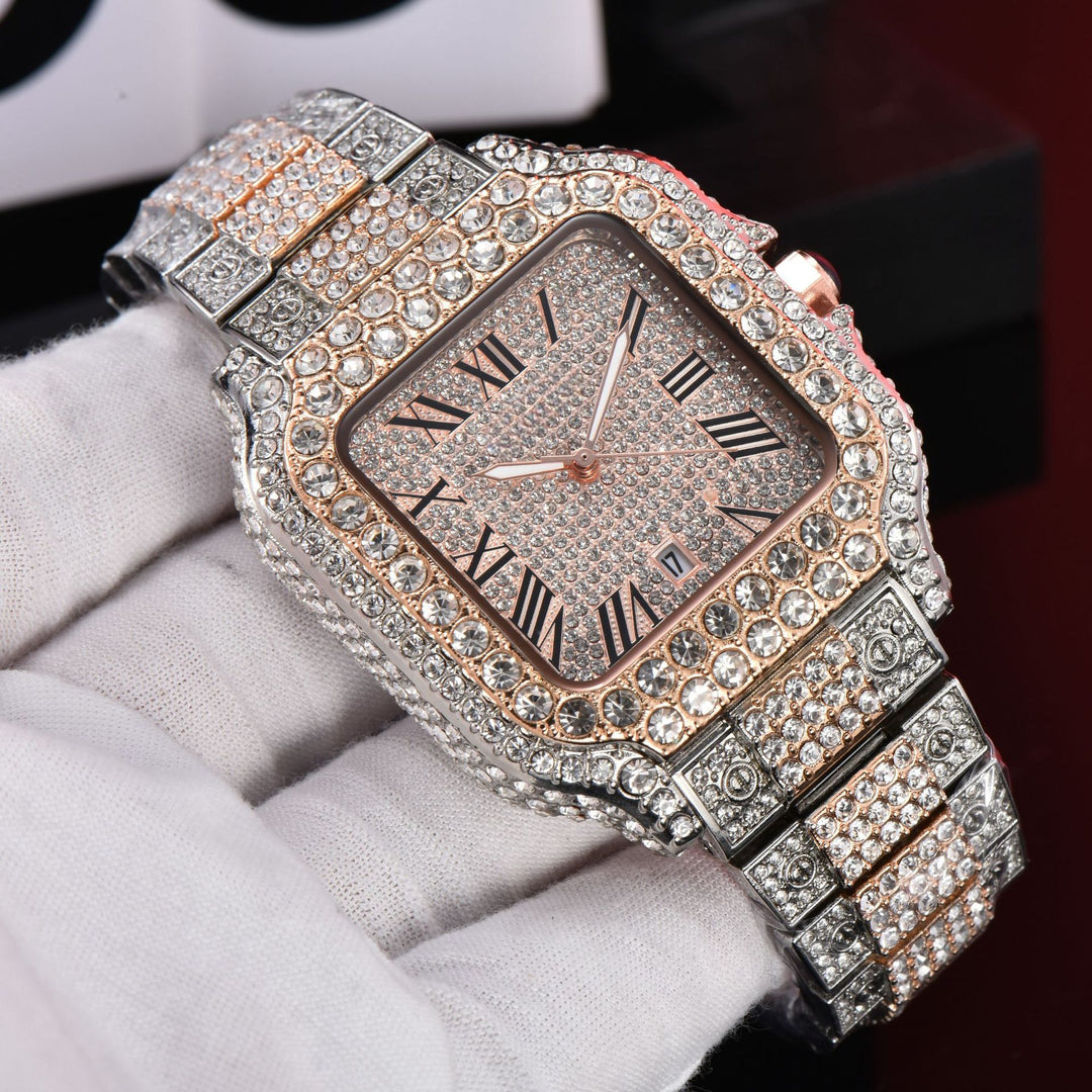 Luxury Diamond-Studded Watch with Classic Roman Dial