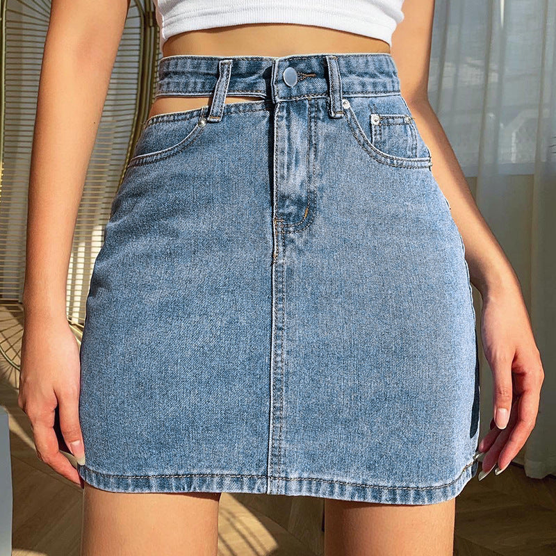 High-waisted denim mini skirt with one-sided cutout