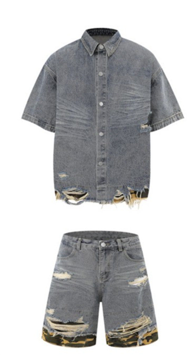 Raw-Hem Leopard-Print Patchwork Denim Shirt & Shorts Set
