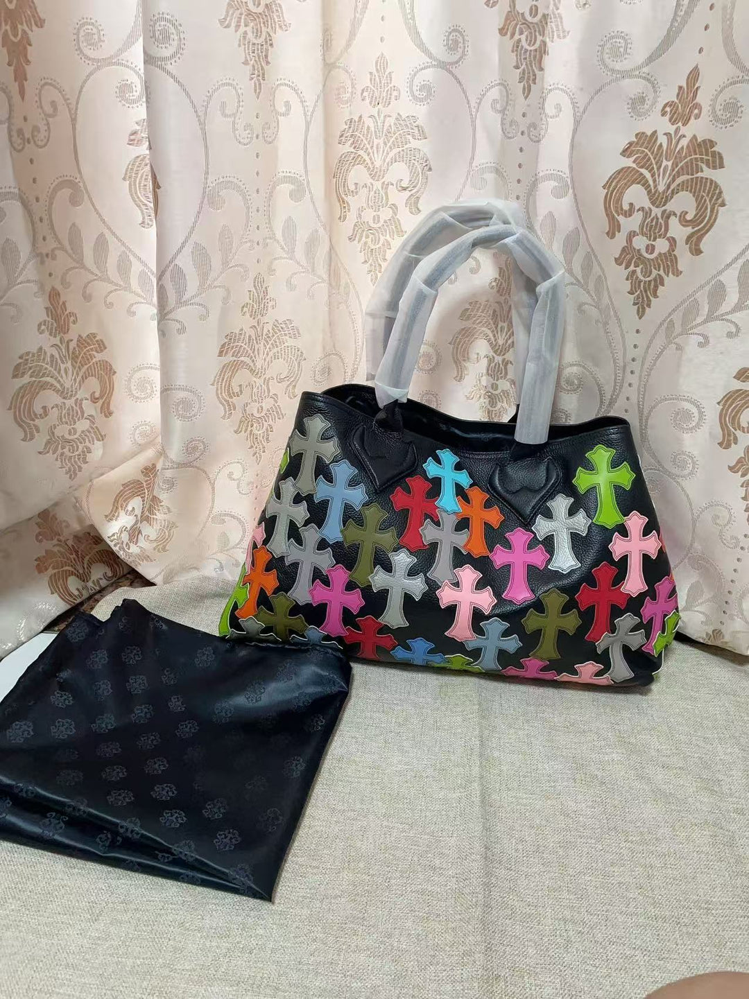 Chrome Hearts Genuine Leather Handbag with Floral Pattern