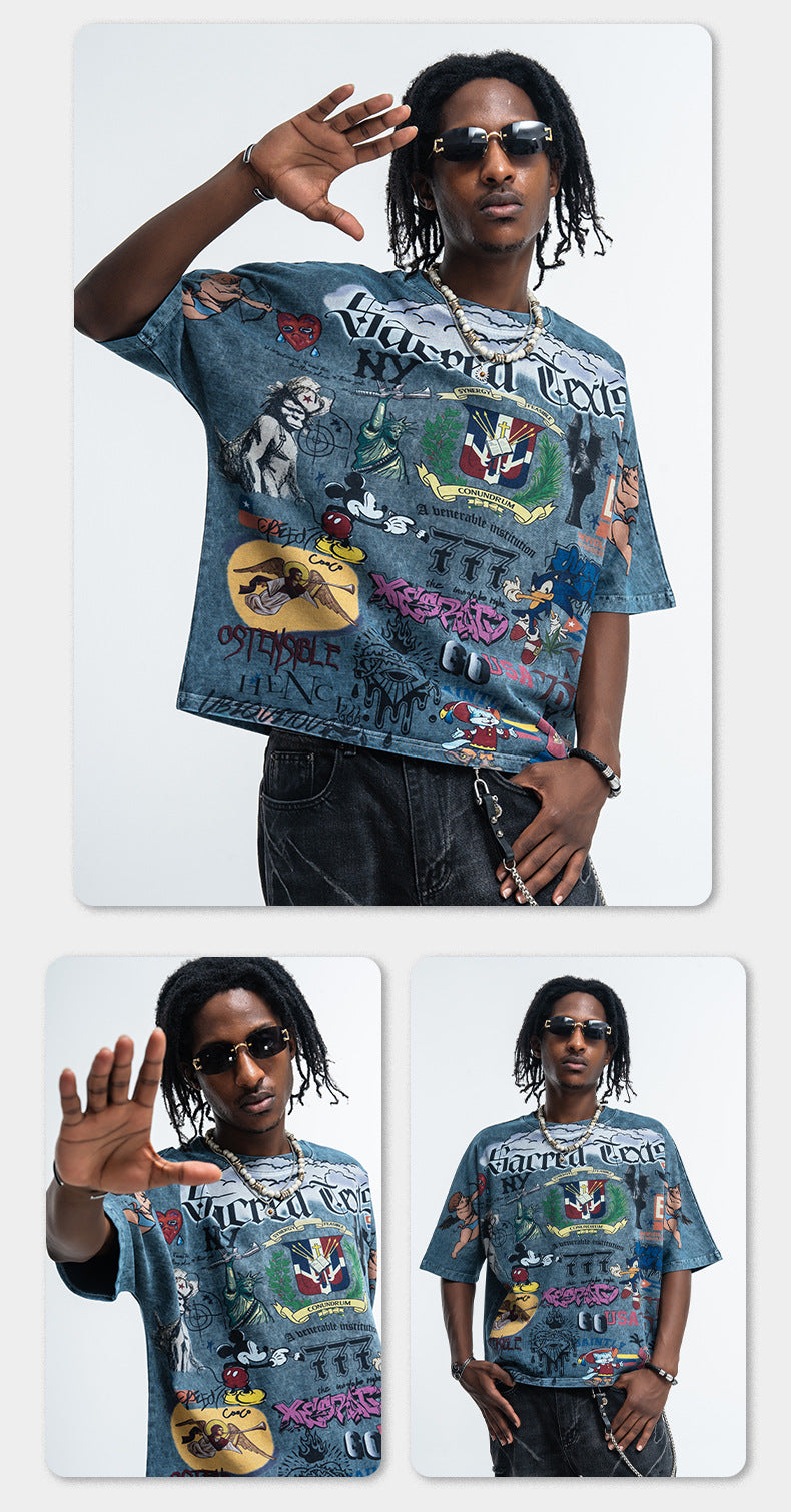Vintage-Style All-Over Cartoon Print T-Shirt Washed & Distressed