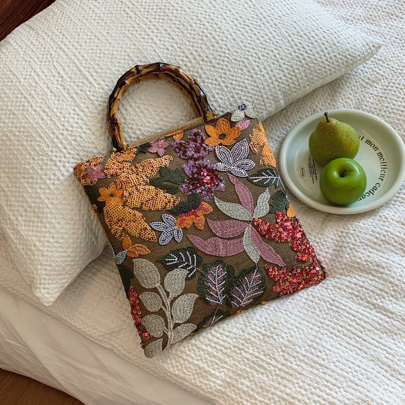 Embroidered sequins linen bamboo handle tote bag