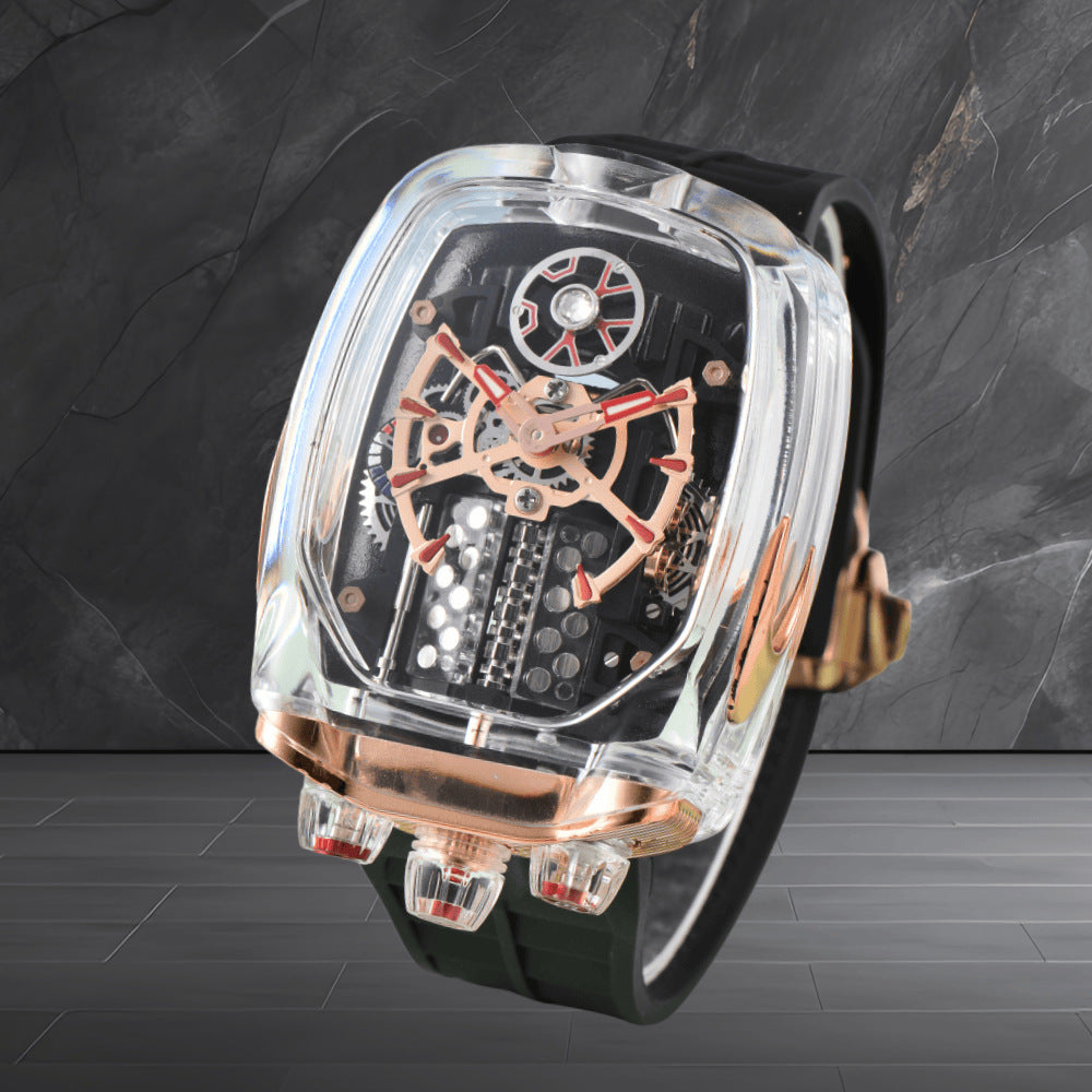 W16 Engine-Style Watch with Sparkling Transparent Crystal Case