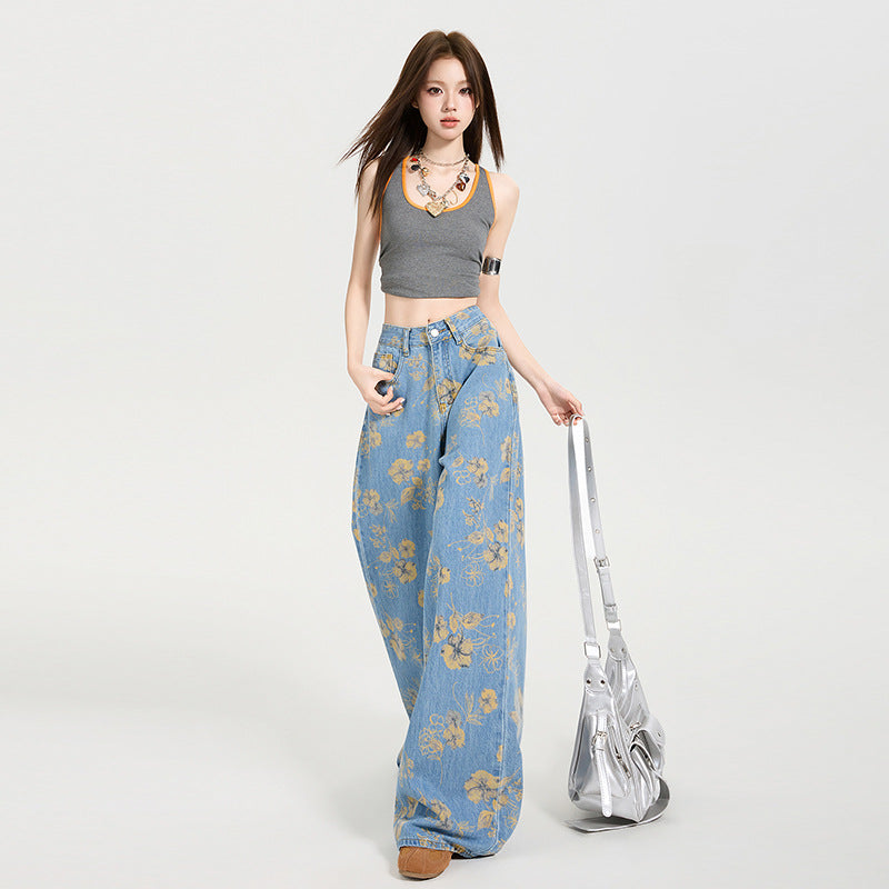 Y2K Floral Print Loose-Fit Flared Denim Trousers
