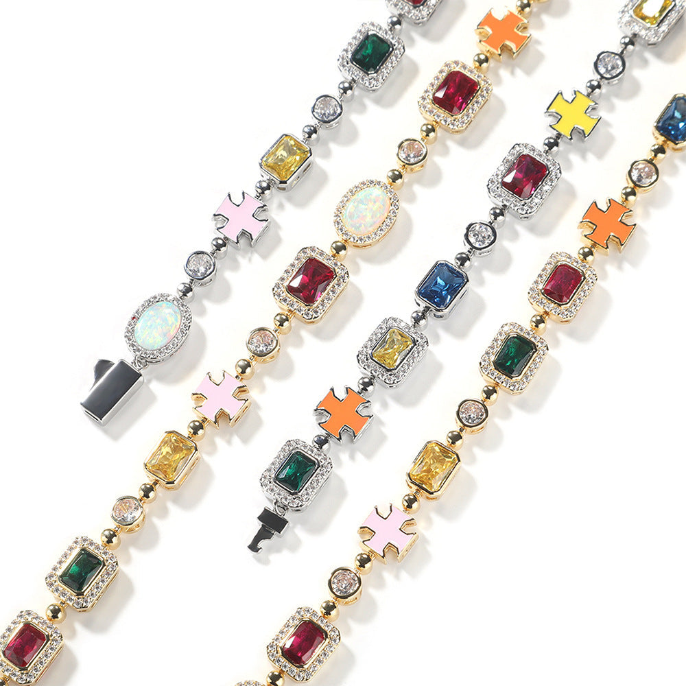 Hip-hop diamond-encrusted multicolored gemstone necklace