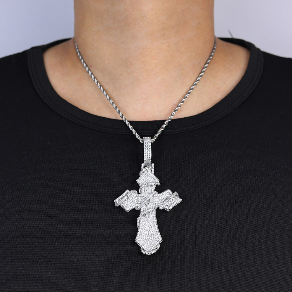 Hip-hop full diamond thorny cross necklace