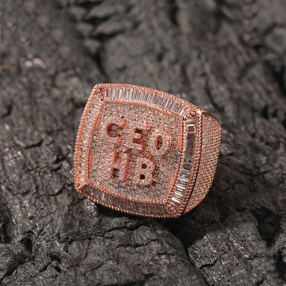 Hip-hop diamond-encrusted zircon DIY letter square ring