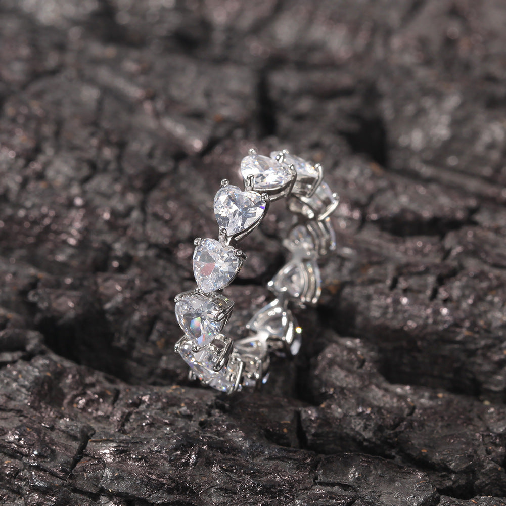 Hip-hop single-row heart-shaped zircon rings