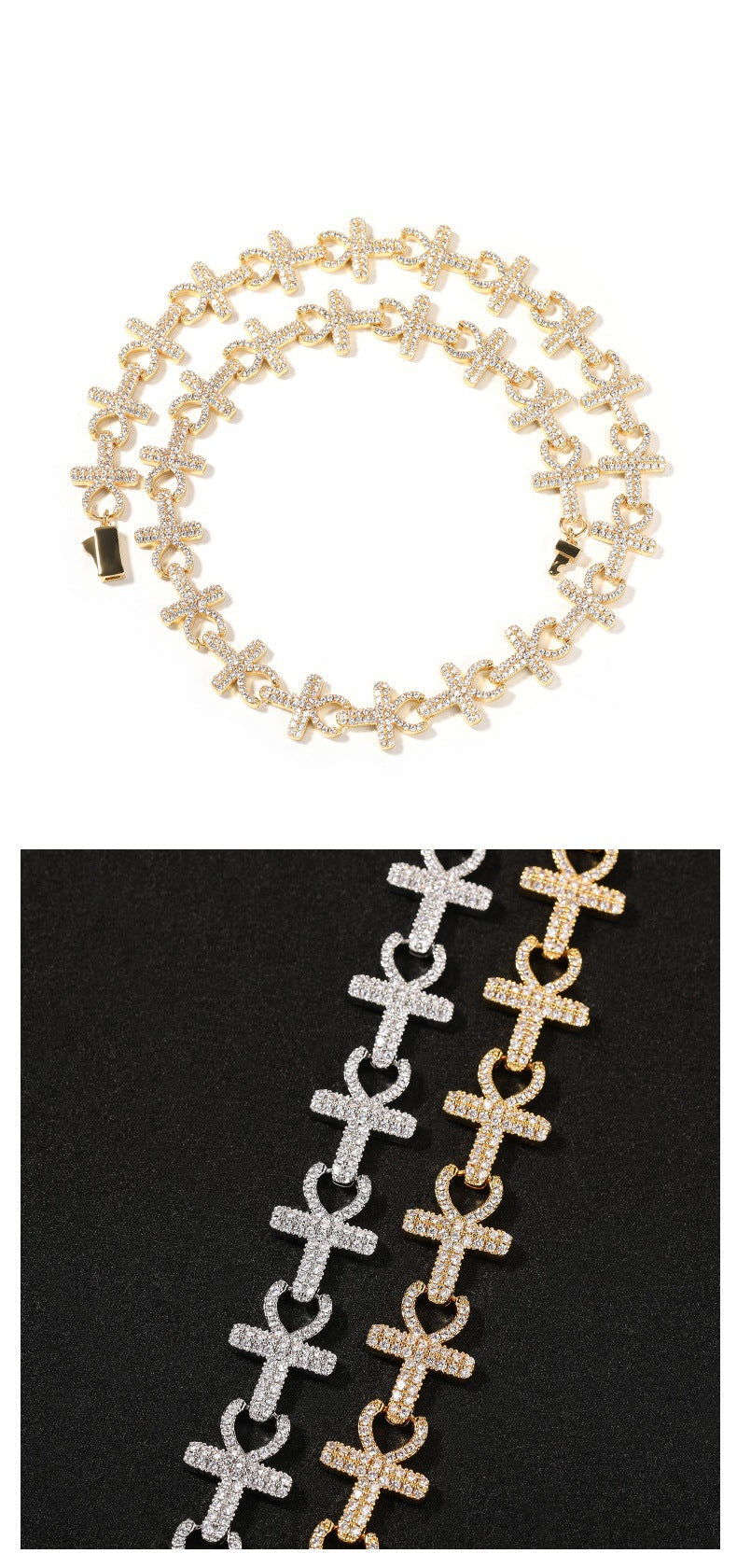 15mm Full-Diamond Cross Necklace & Bracelet