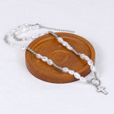 round pearl titanium steel cross necklace