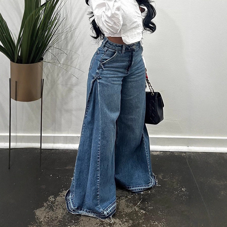 Washed wide-leg patchwork jeans for women