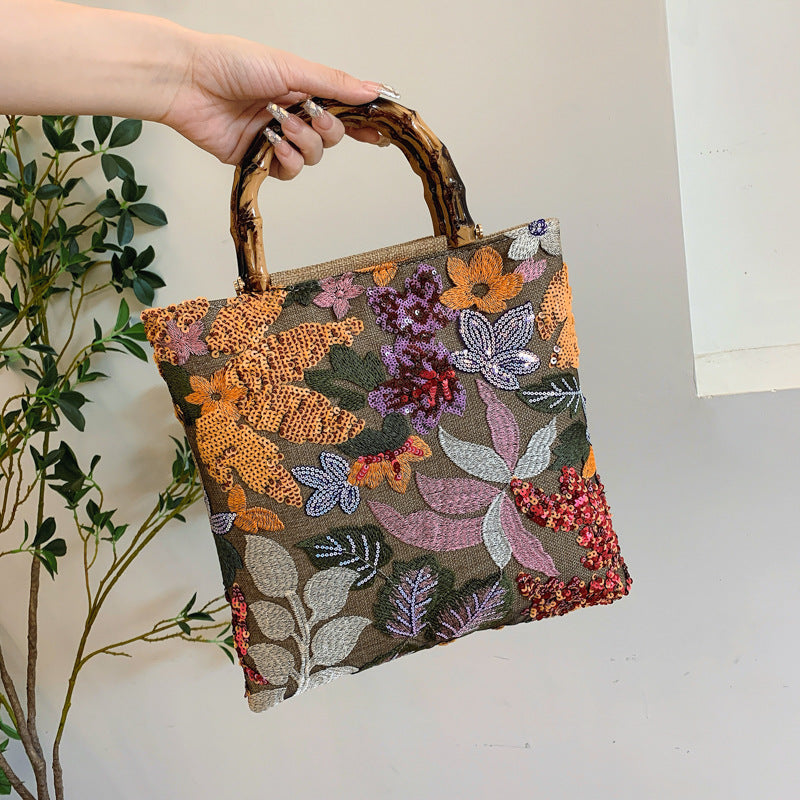 Embroidered sequins linen bamboo handle tote bag