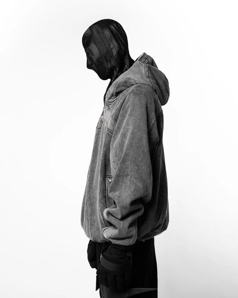 Single-hooded long zip-up hoodie with exposed eyes
