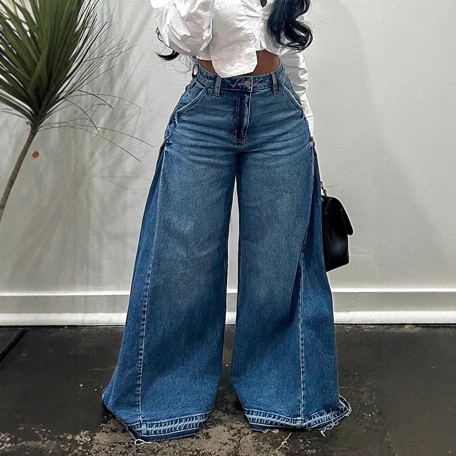 Washed wide-leg patchwork jeans for women