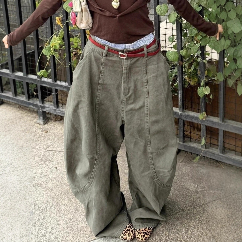 Y2K Plus Size Washed Curved Blade Wide-Leg Pants