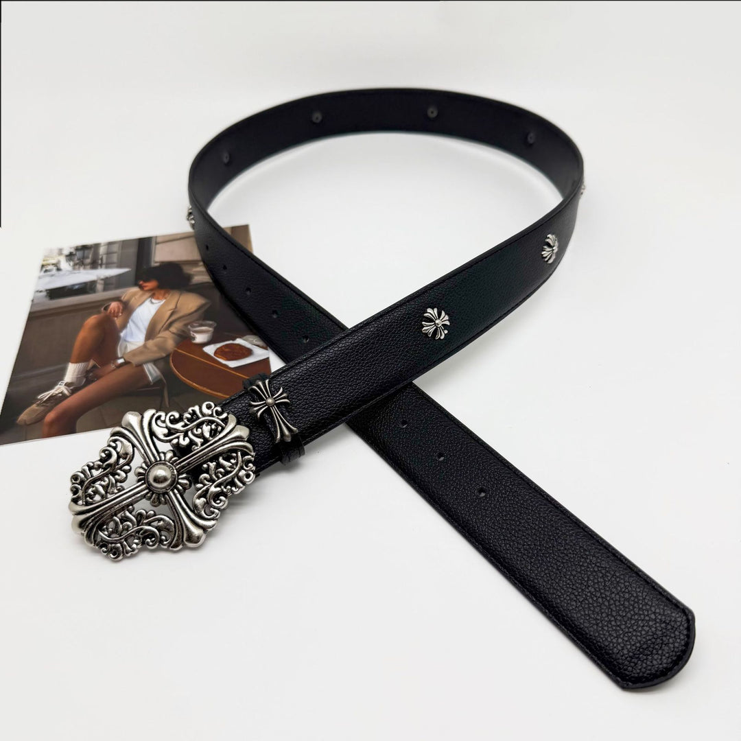 Chrome Hearts Cemetery Cross Classic PU Leather Belt with Rivets