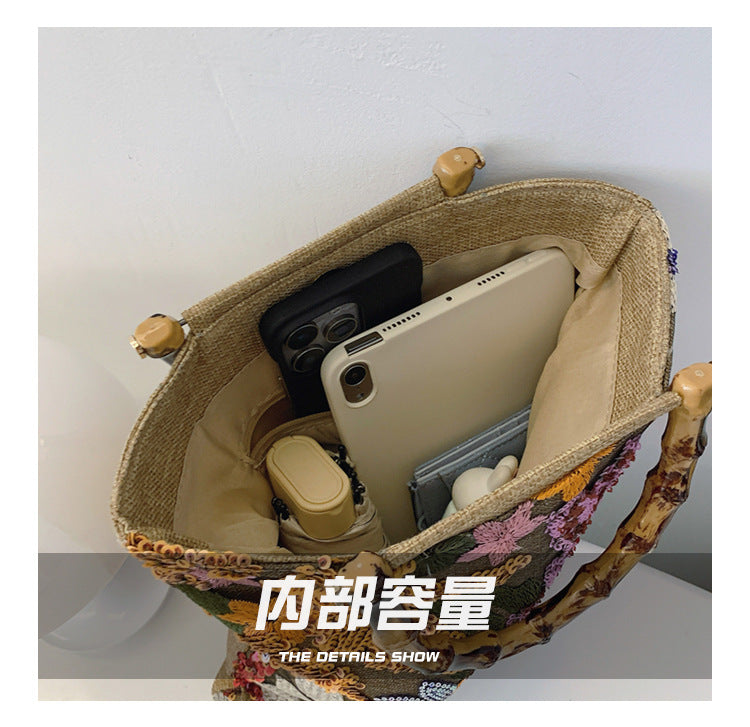 Embroidered sequins linen bamboo handle tote bag