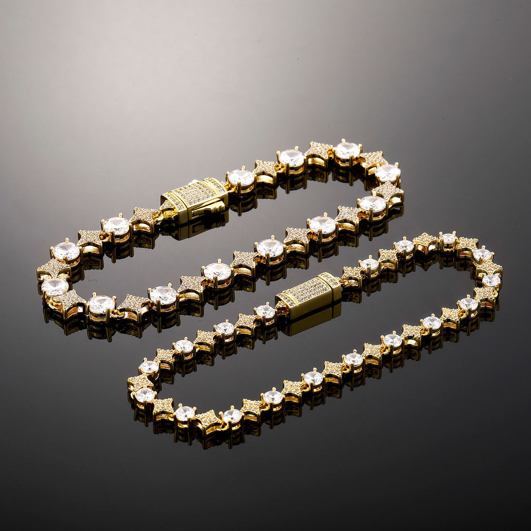 4mm Tennis Chain, 6mm Copper-Set Zircon Star & Sunburst Bracelet