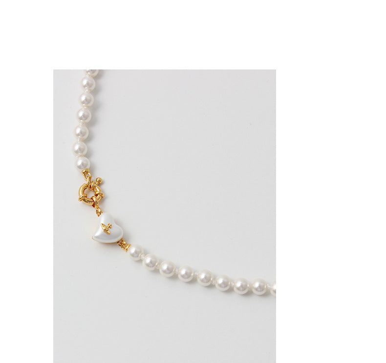 Women's retro heart pearl necklace clavicle chain