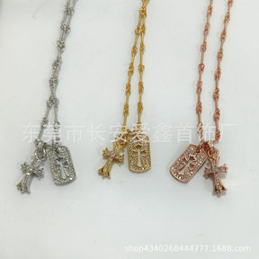 Chrome Hearts Gold Hollow Square Diamond Cross Necklace