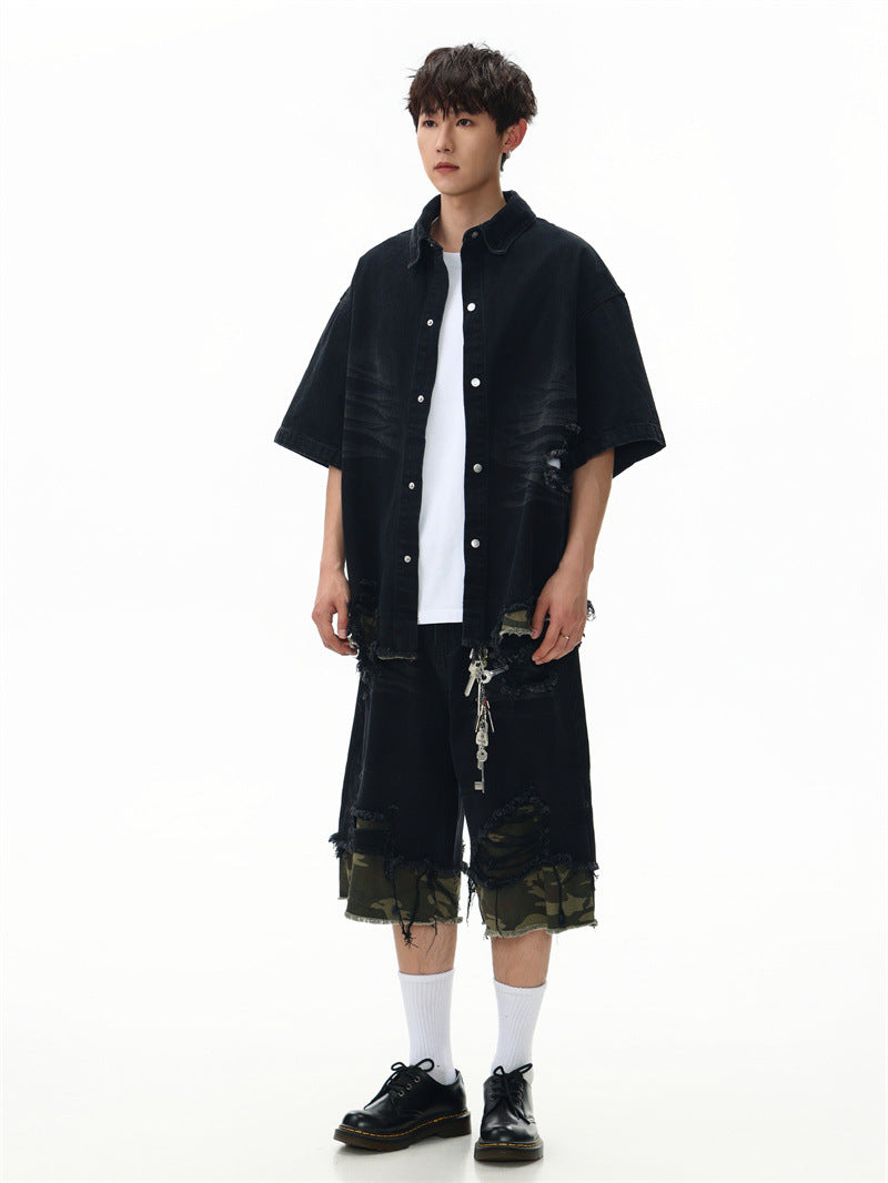 Raw-Hem Leopard-Print Patchwork Denim Shirt & Shorts Set