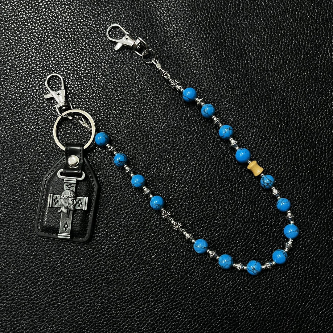 Handcrafted Vintage Blue Cracked Stone Cross Waist Chain