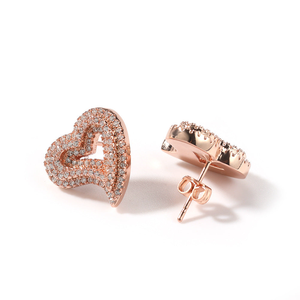 Hip-hop exaggerated zircon hollow heart earrings