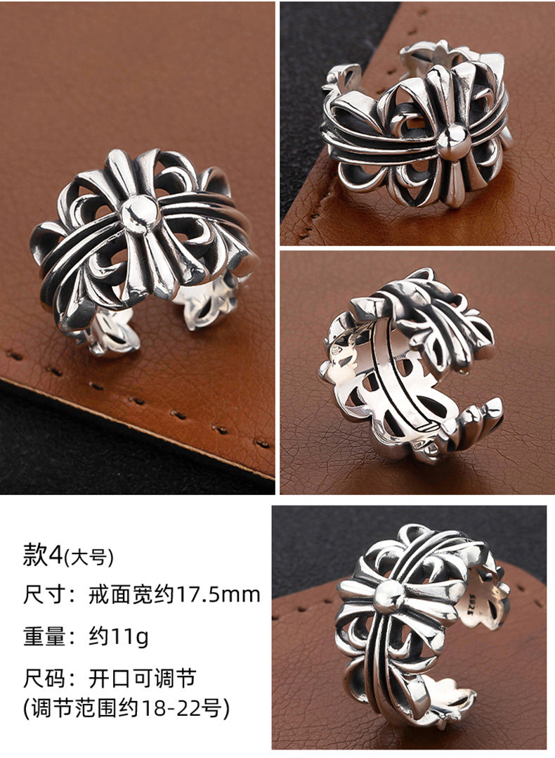 S925 sterling silver chrome hearts cross flower retro open ring