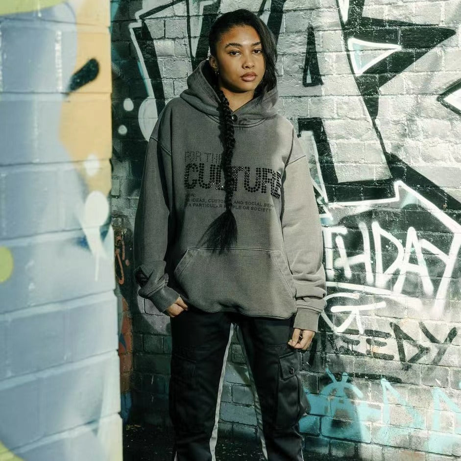 For the Culture Rhinestone and Letter Print Hooded Sweatshirt