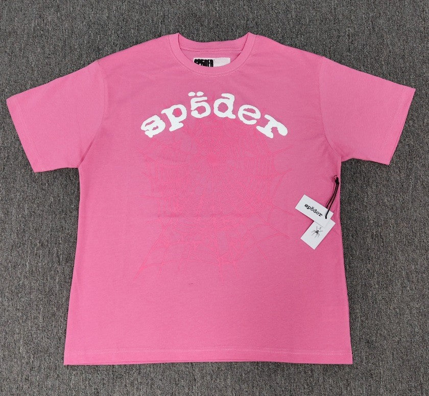 Hip-hop SP5der loose-fitting spider web T-shirt with lettering