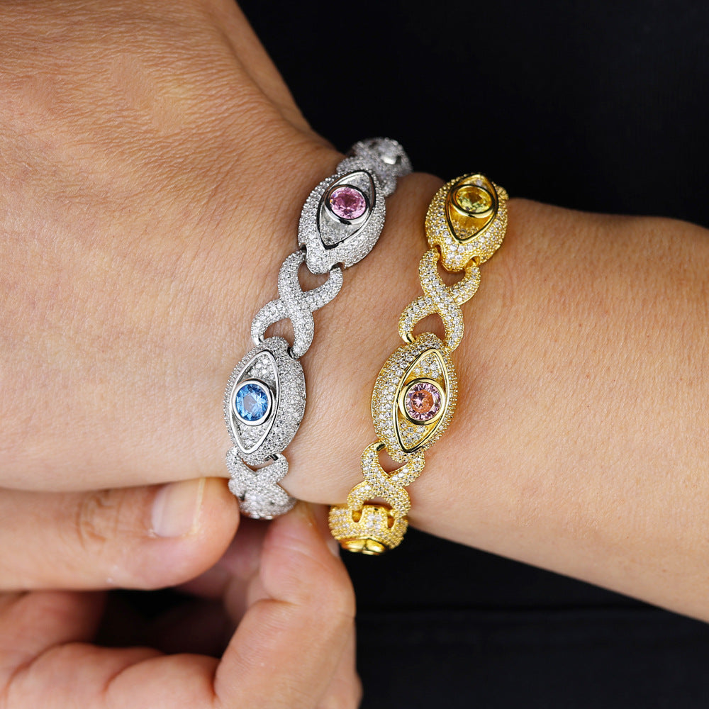Eye-themed infinity bracelet with colored zircon, figure-eight chain
