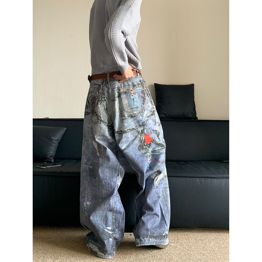 Distressed "Wasteland" Style Jeans with 3D Print and Chain Detail