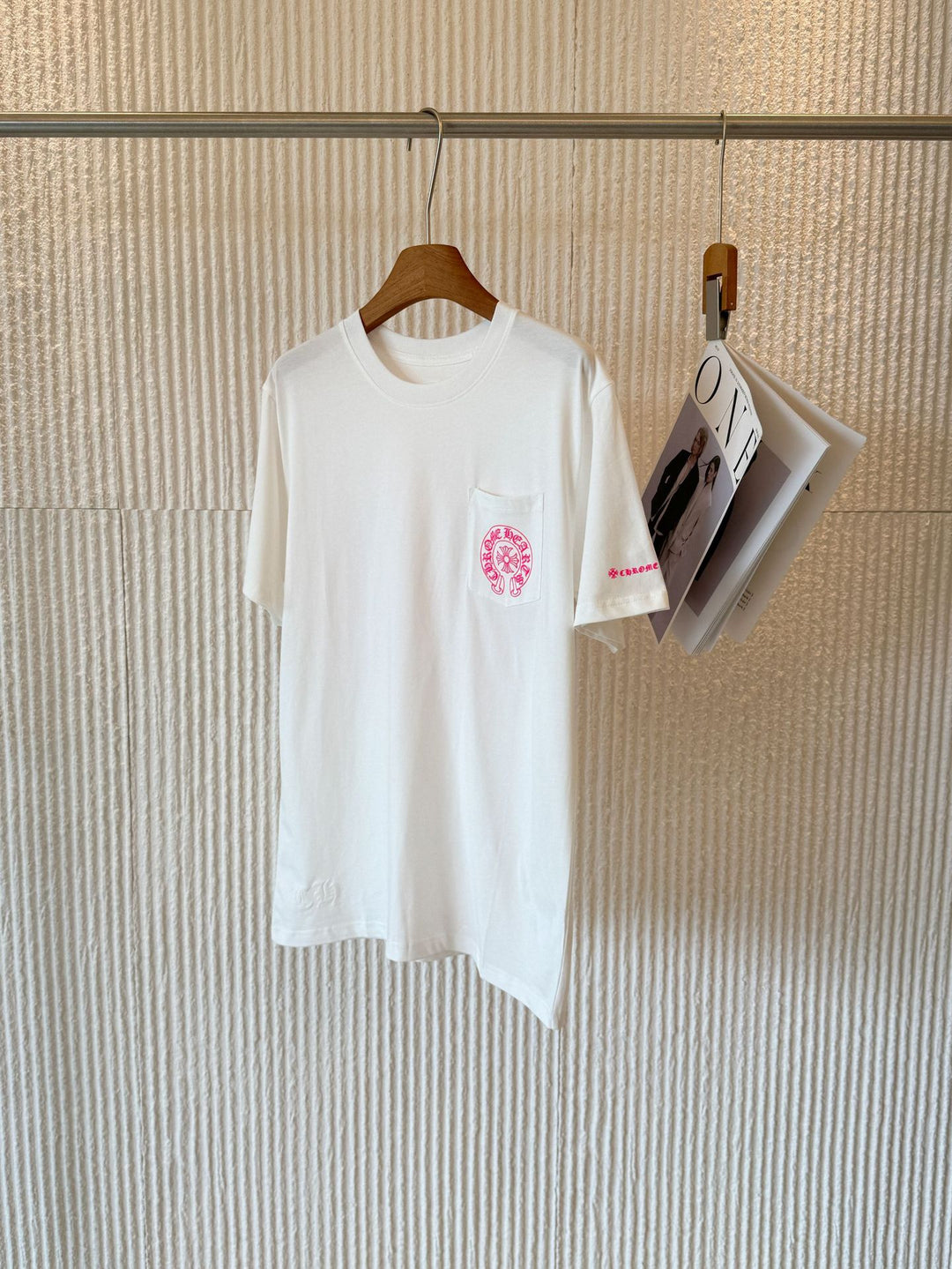 Chrome Hearts Pink Horseshoe Flower Sleeve Print T-Shirt
