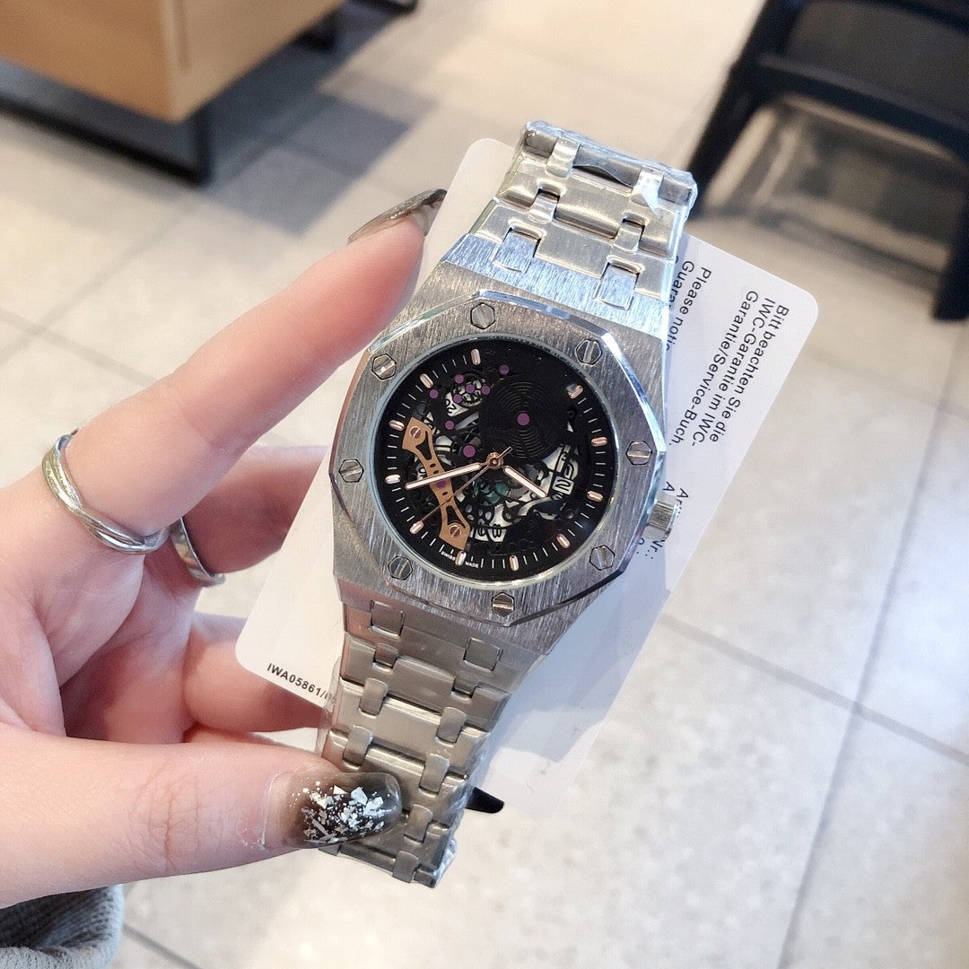 Hexagonal Steel Bracelet Watch with Mechanical Skeleton Dial