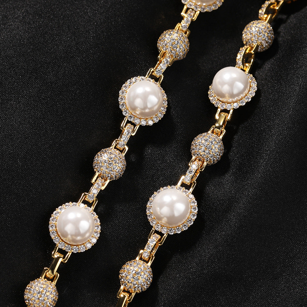 Hip-Hop Silver Pearl Necklace with Diamond Accents