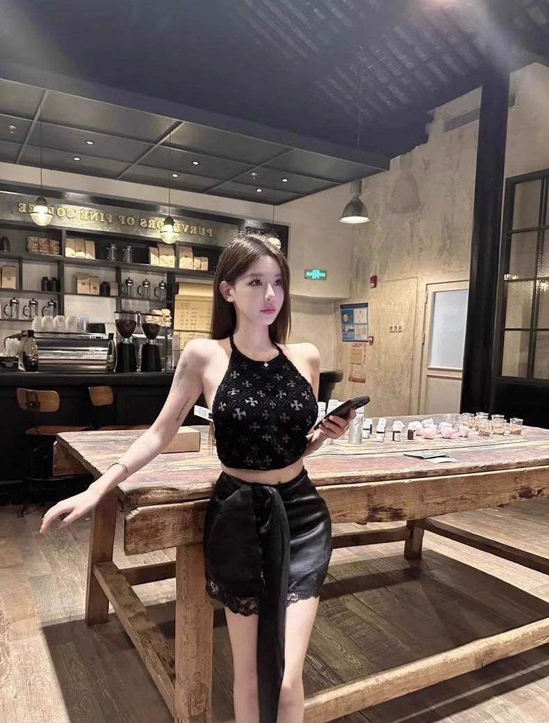 Retro Cross Hollow-Out Halter Neck Tank Top