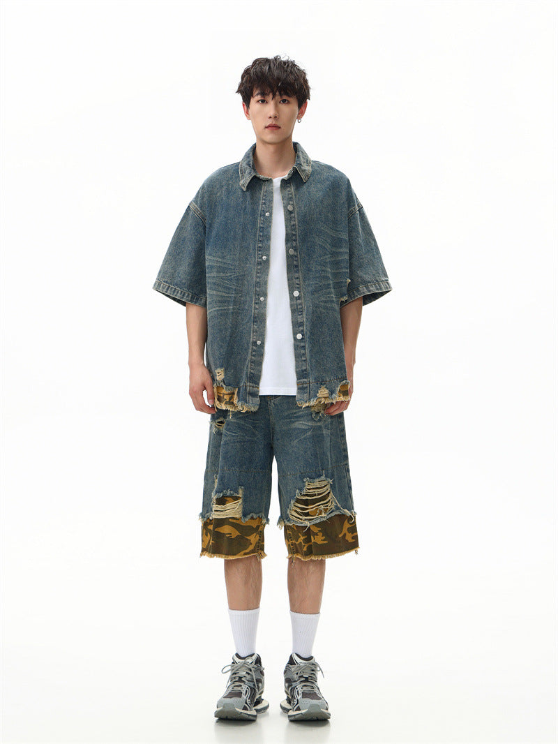 Raw-Hem Leopard-Print Patchwork Denim Shirt & Shorts Set