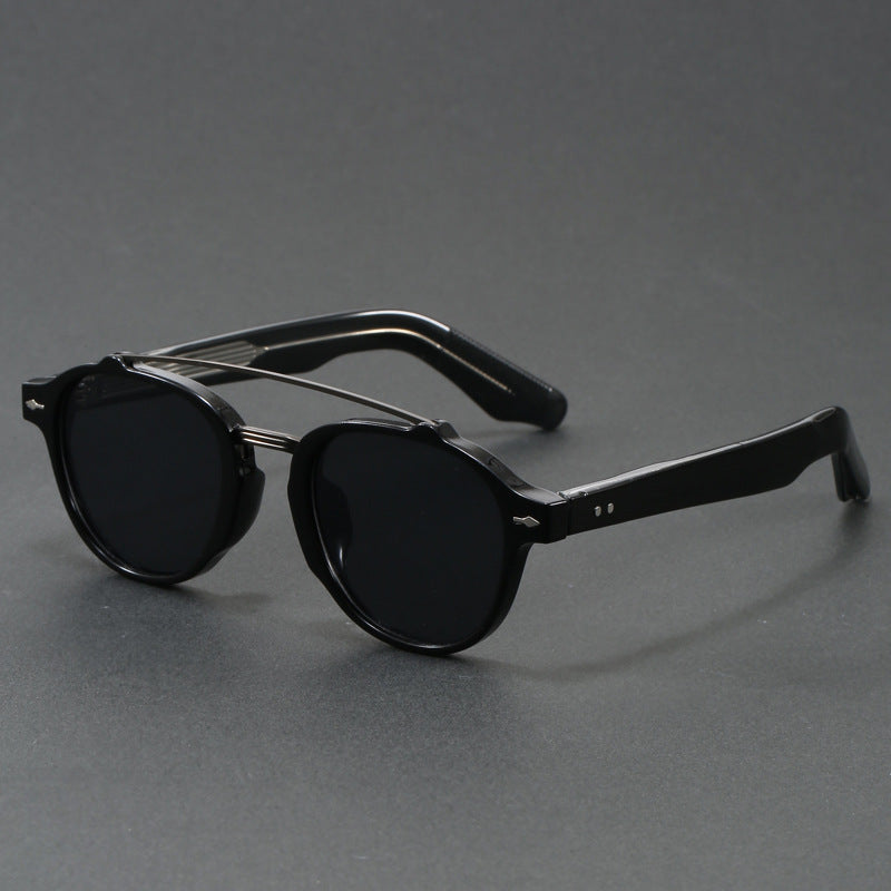Retro Double Bridge Round Frame Slimming Sunglasses