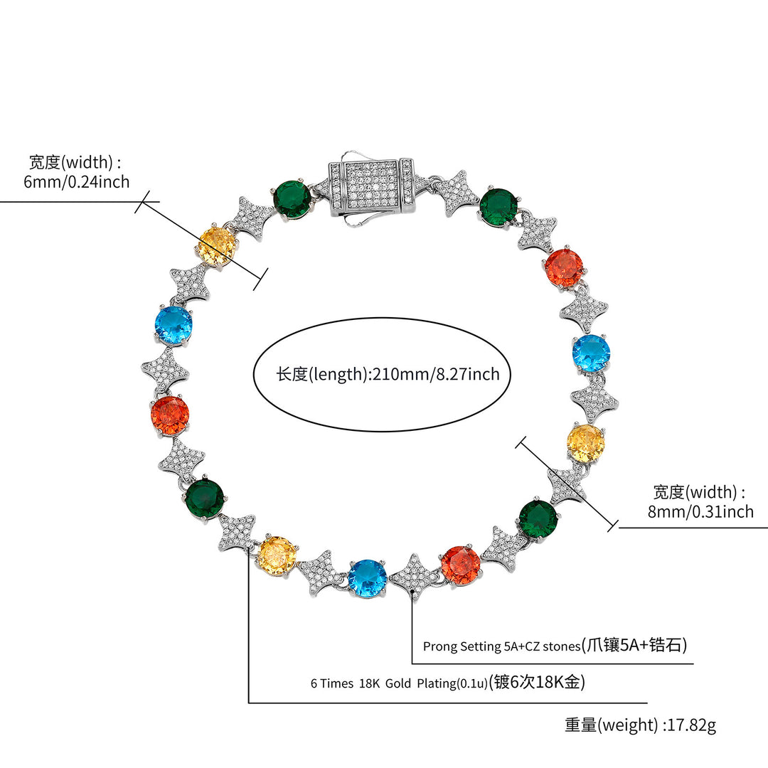 4mm Tennis Chain, 6mm Copper-Set Zircon Star & Sunburst Bracelet