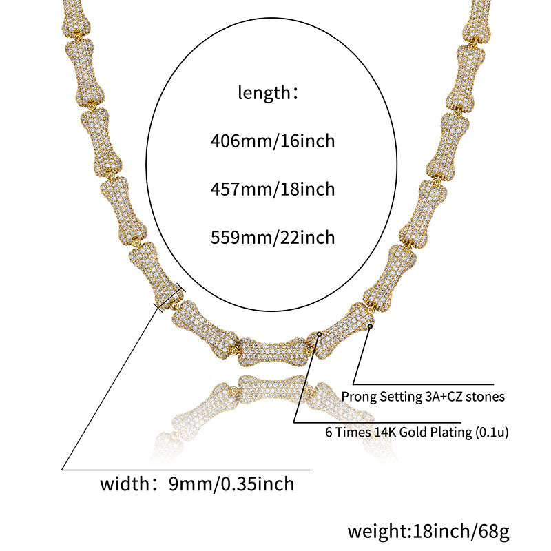9mm Full Zircon Hip Hop Bone Necklace