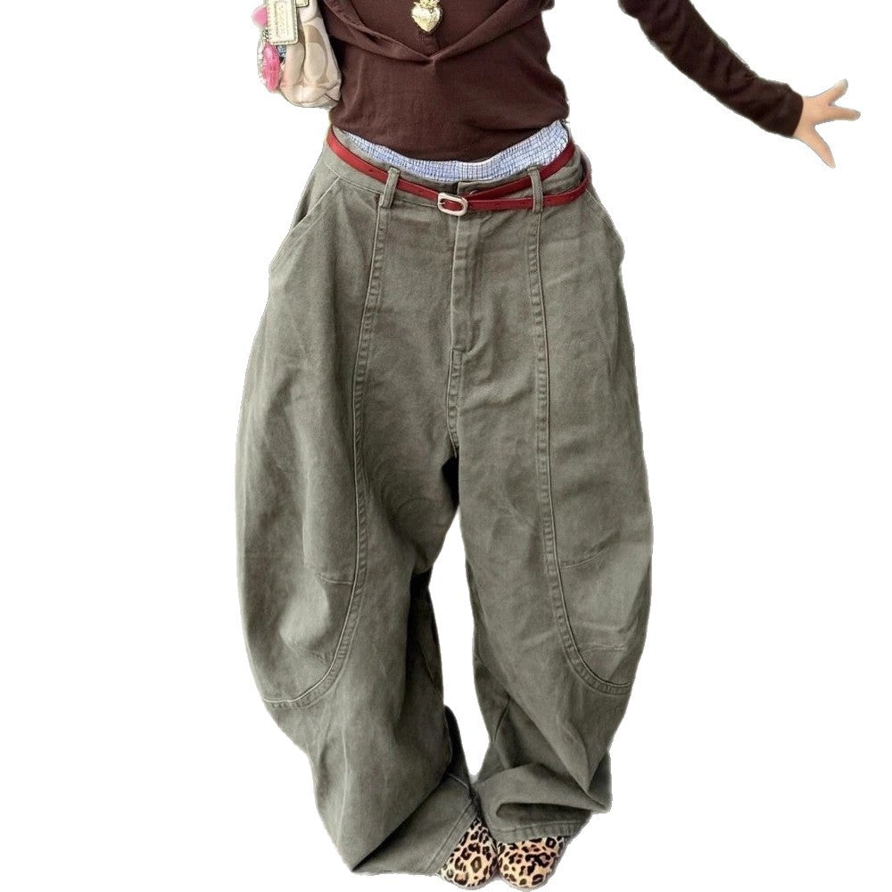 Y2K Plus Size Washed Curved Blade Wide-Leg Pants