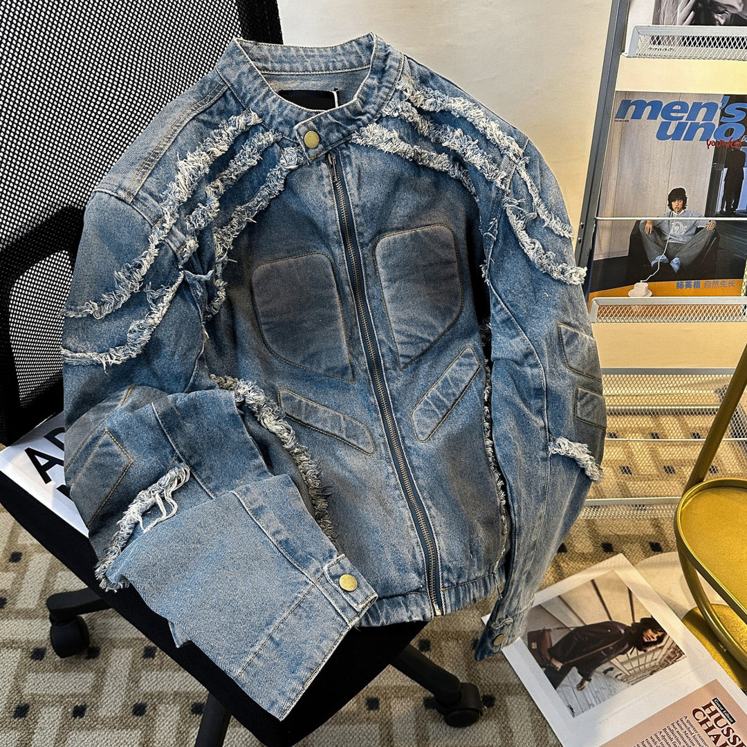 Embossed Raw-Hem Padded-Shoulder Denim Jacket