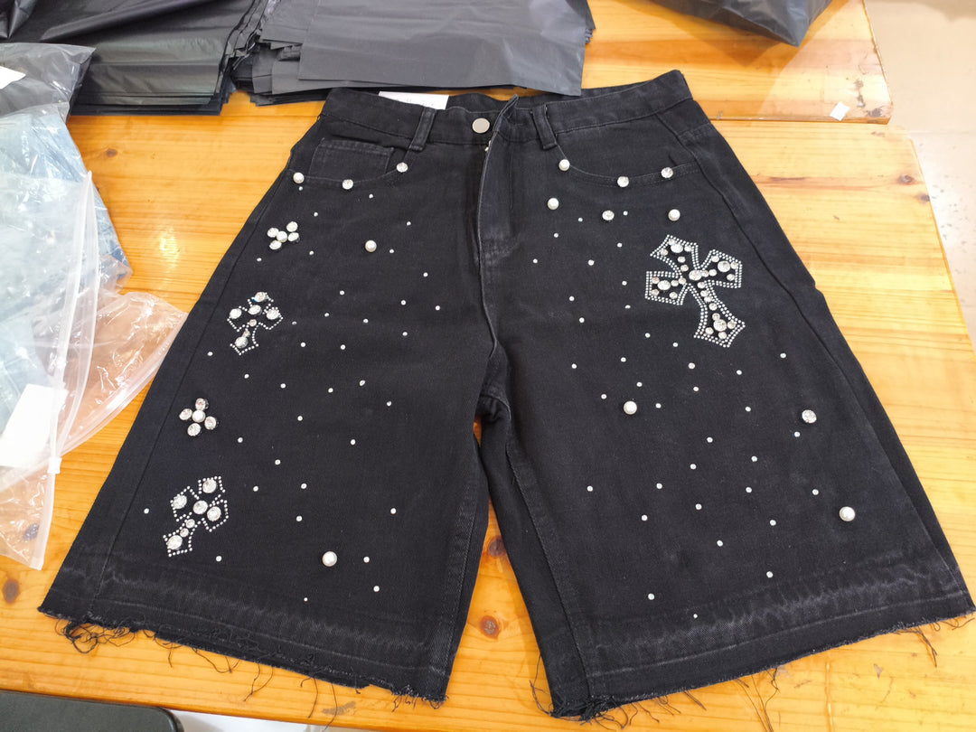 Hot-rhine cross five-point washed denim shorts