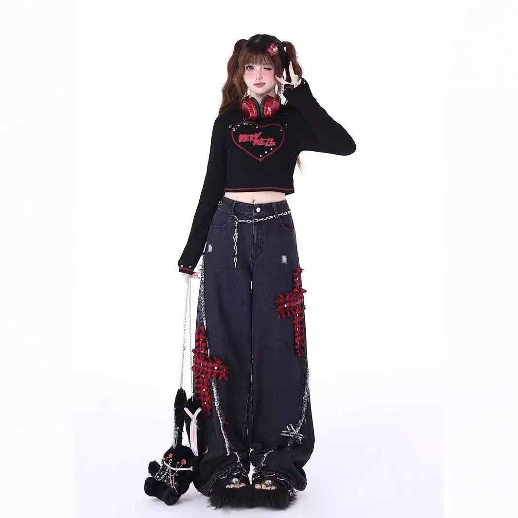 Rock-Punk Distressed Straight-Leg Wide-Leg Jeans